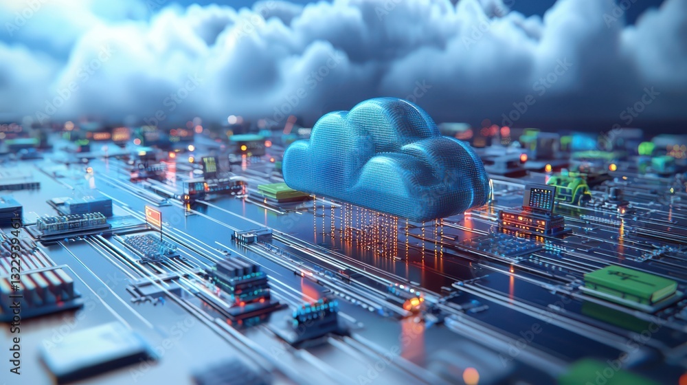 Poster data integration infographic concept. futuristic digital infrastructure with cloud computing