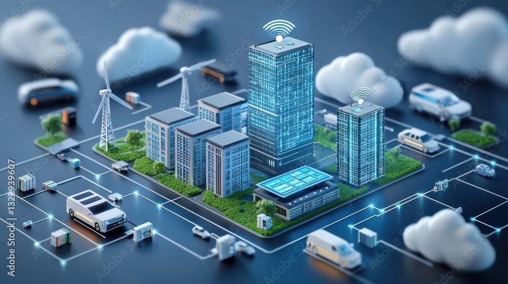 Poster data integration infographic concept. futuristic smart city with advanced digital infrastructure and