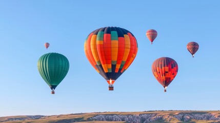 Obraz premium Colorful Hot Air Balloons Soaring Over Scenic Landscape