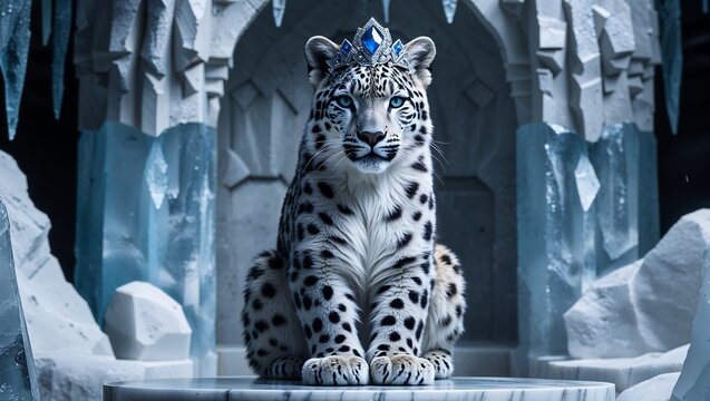 Majestic King Snow Leopard Sitting on a Frozen Throne in an Ornate Ice Palace with Intricate Carvings and Crystal Details in a Fantasy Winter Wonderland