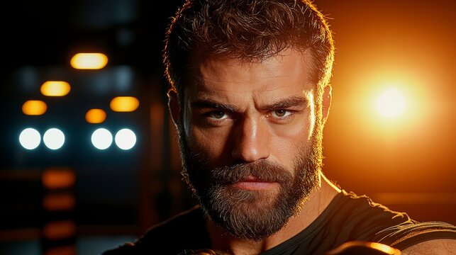 Motivational male coach with a beard demonstrating footwork techniques in an indoor boxing training session - Powered by Adobe