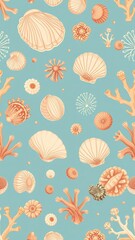 Elegant pattern featuring beautiful seashells in various sizes and colors on a soft background