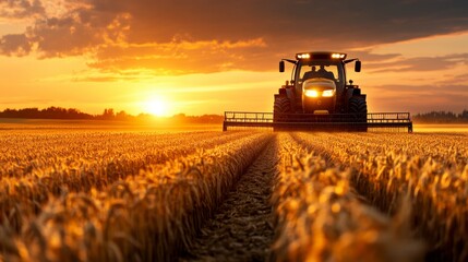 Fototapeta premium Tractor working in a wheat field during harvest season with farmers joyfully collecting organic crops in background