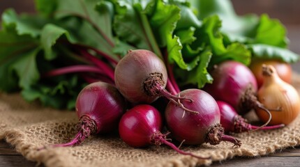 Close-up of a stack of local produce including beets, onions, and leafy greens