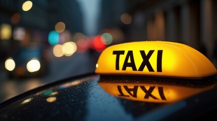 A yellow taxi cab illuminated on a busy city street with neon signs, capturing the essence of urban nightlife