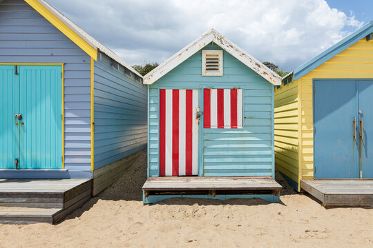 Colorful beach huts with unique striped pattern in Melbourne