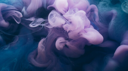 Underwater smoke. Art vapor. Blue violet mist cloud flow on black background. Color paint fume spread fantasy swirl abstract blur liquid curl.