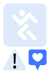 Figures include a running person, a triangular warning sign with an exclamation mark, and a heart inside a speech bubble. Ideal for safety, alerts, health, communication, navigation, social media