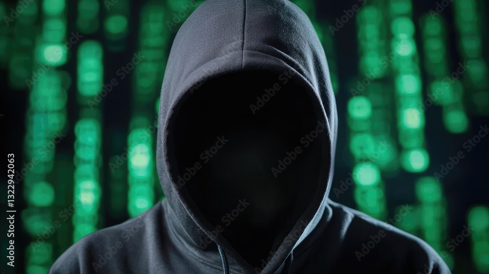 Poster mysterious figure in hoodie with dark background and green code