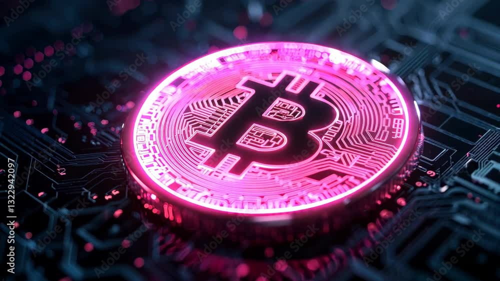 Poster glowing bitcoin cryptocurrency on digital circuit board display
