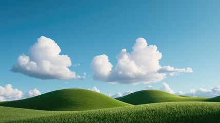 Obraz premium Lush Green Hills Under a Bright Blue Sky with Fluffy White Clouds