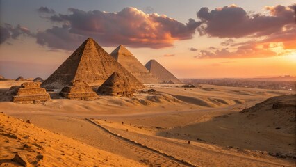 Majestic giza pyramids at sunset egypt scenic landscape desert oasis panoramic view ancient wonders