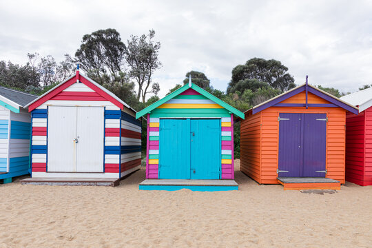 Striped beach huts in Brighton Beach Boxes, Melbourne Australia