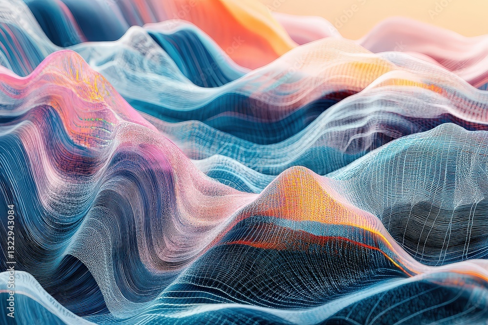 Poster dynamic movement of tech waves illustrated through layers of patterns and textures in a vibrant disp
