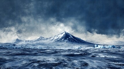 Fototapeta premium Majestic Volcanic Peak in Icy Tundra Landscape Under Dramatic Storm Clouds