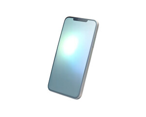 A futuristic 3D holographic mobile phone icon with a glowing screen, isolated on white background, symbolizing communication, technology, and digital innovation in a sleek modern design