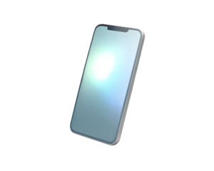 A futuristic 3D holographic mobile phone icon with a glowing screen, isolated on white background, symbolizing communication, technology, and digital innovation in a sleek modern design