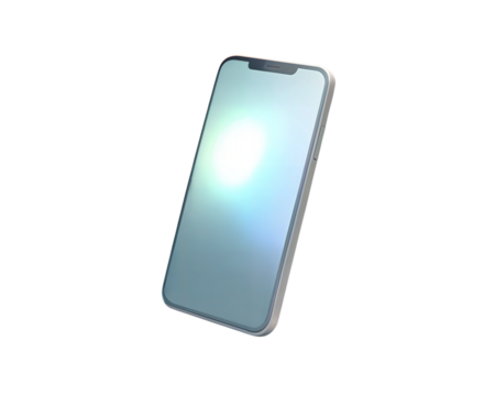A futuristic 3D holographic mobile phone icon with a glowing screen, isolated on white background, symbolizing communication, technology, and digital innovation in a sleek modern design