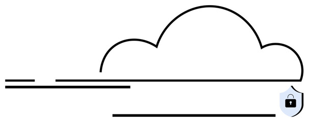 Cloud outline with shield and lock, symbolizing data security. Ideal for technology, cybersecurity, cloud storage, digital privacy, secure access, data protection, flat simple metaphor