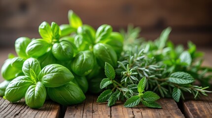 A wooden table with fresh basil, rosemary, and mint bundles in natural sunlight
