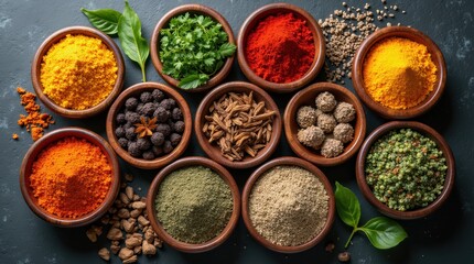 Top-down view of an array of spices and herbs in wooden bowls