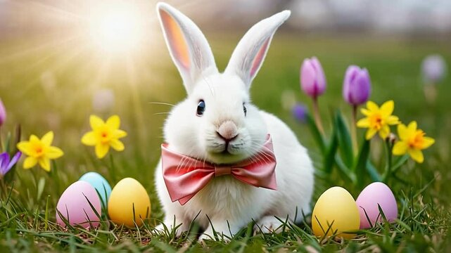 Easter Bunny in a Spring Garden: A charming Easter bunny wearing a bow tie sits amidst colorful eggs and blooming flowers in a vibrant spring garden under sunlight