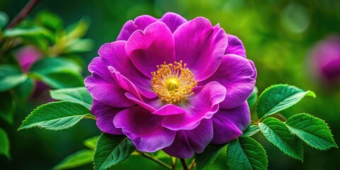 A stunning close-up reveals the exquisite details of a solitary purple wild rose, sharply focused against a blurred background.