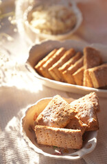 Home made soy cookies or okara cookies on white cloth. Healthy food.