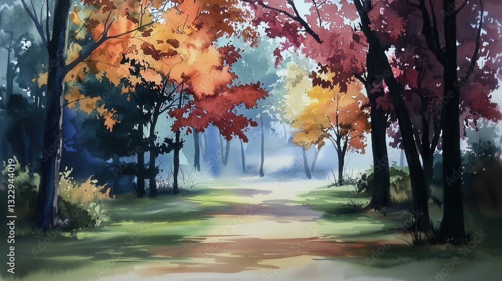 Poster misty autumn forest with colorful trees and soft light in tranquil setting