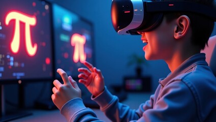 Engaging learning experience with vr kid exploring pi concepts home office digital environment interactive knowledge symbol