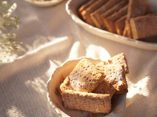 Home made soy cookies or okara cookies on white cloth. Healthy food.