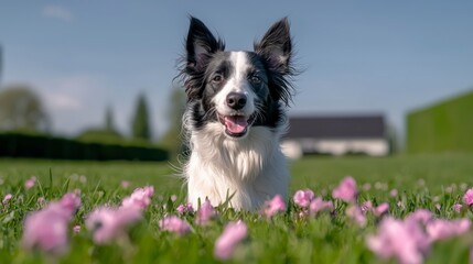 Fototapeta premium Happy Border Collie Dog in Spring Meadow Pet Puppy Flowers