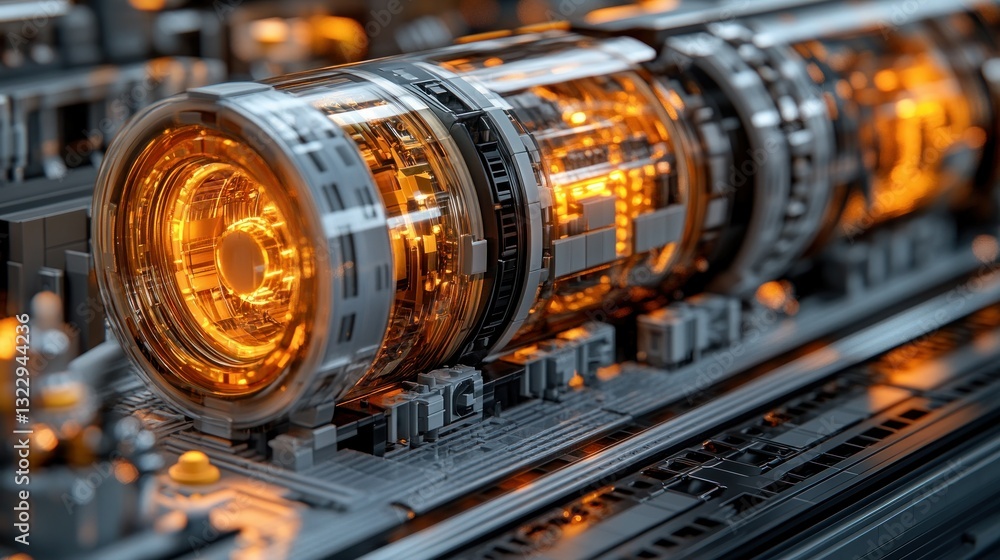 Poster advanced futuristic engine component, showcasing intricate circuitry and glowing energy core. comple