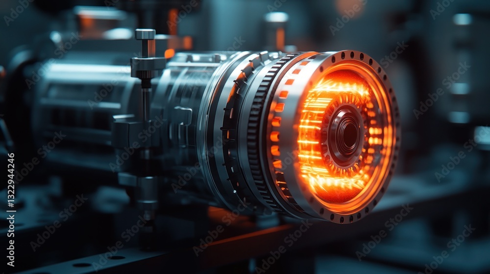 Poster advanced engine component. high-tech, glowing, futuristic engine part, close-up. complex mechanical 