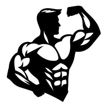 recommend clip art: Black and white vector silhouette of bodybuilder on white background