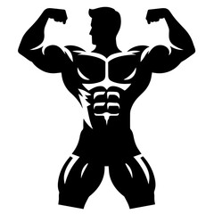Black and white vector silhouette of bodybuilder on white background