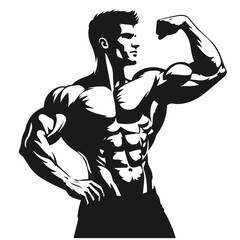 Black and white vector silhouette of bodybuilder on white background