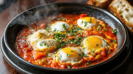 Fototapeta premium A steaming plate of shakshuka with crusty bread on the side.