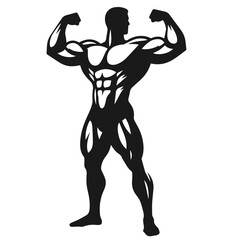 Black and white vector silhouette of bodybuilder on white background
