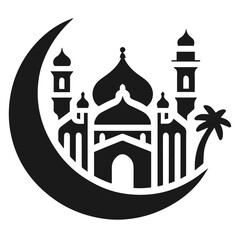 Black and white vector silhouette of a Ramadan logo on white background

