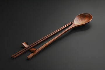 high resolution of wooden korean chopstick and spoon asian cutlery