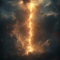 Golden Lightning Striking Through Dark Clouds