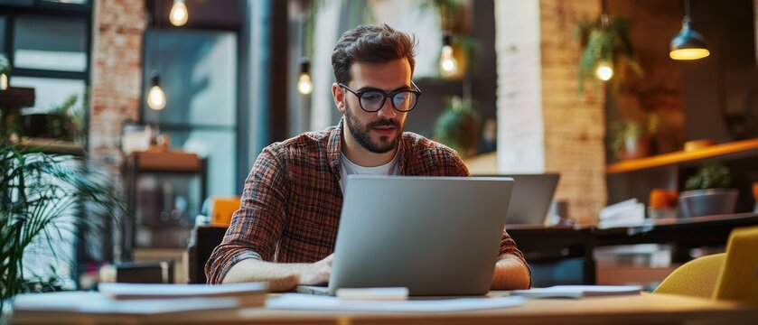 Young Startup Founder Working on Laptop in Modern Co-Working Space - Powered by Adobe