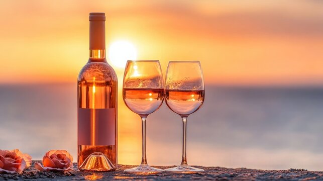 A chilled bottle of ros wine with two glasses, set against a sunset backdrop.
