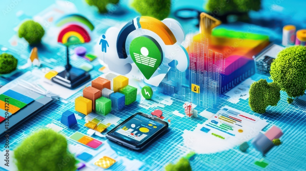 Poster data management infographic concept. captivating digital infographic with vibrant geometric shapes a