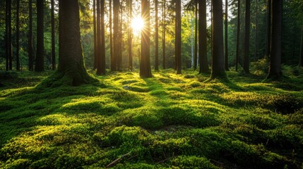 Fototapeta premium Serene Sunlight Filtering Through Trees in Lush Green Forest
