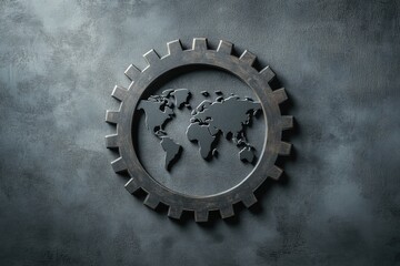 A metallic gear encircles a simplified world map illustration