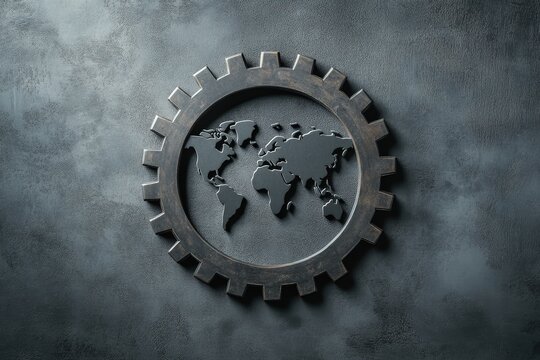 A metallic gear encircles a simplified world map illustration