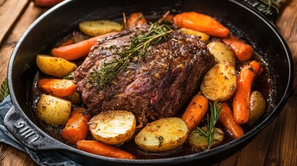 Fototapeta premium A cozy dinner scene featuring a homemade pot roast with tender beef, carrots, and potatoes.