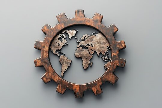 A detailed gear design includes the world map inside its shape